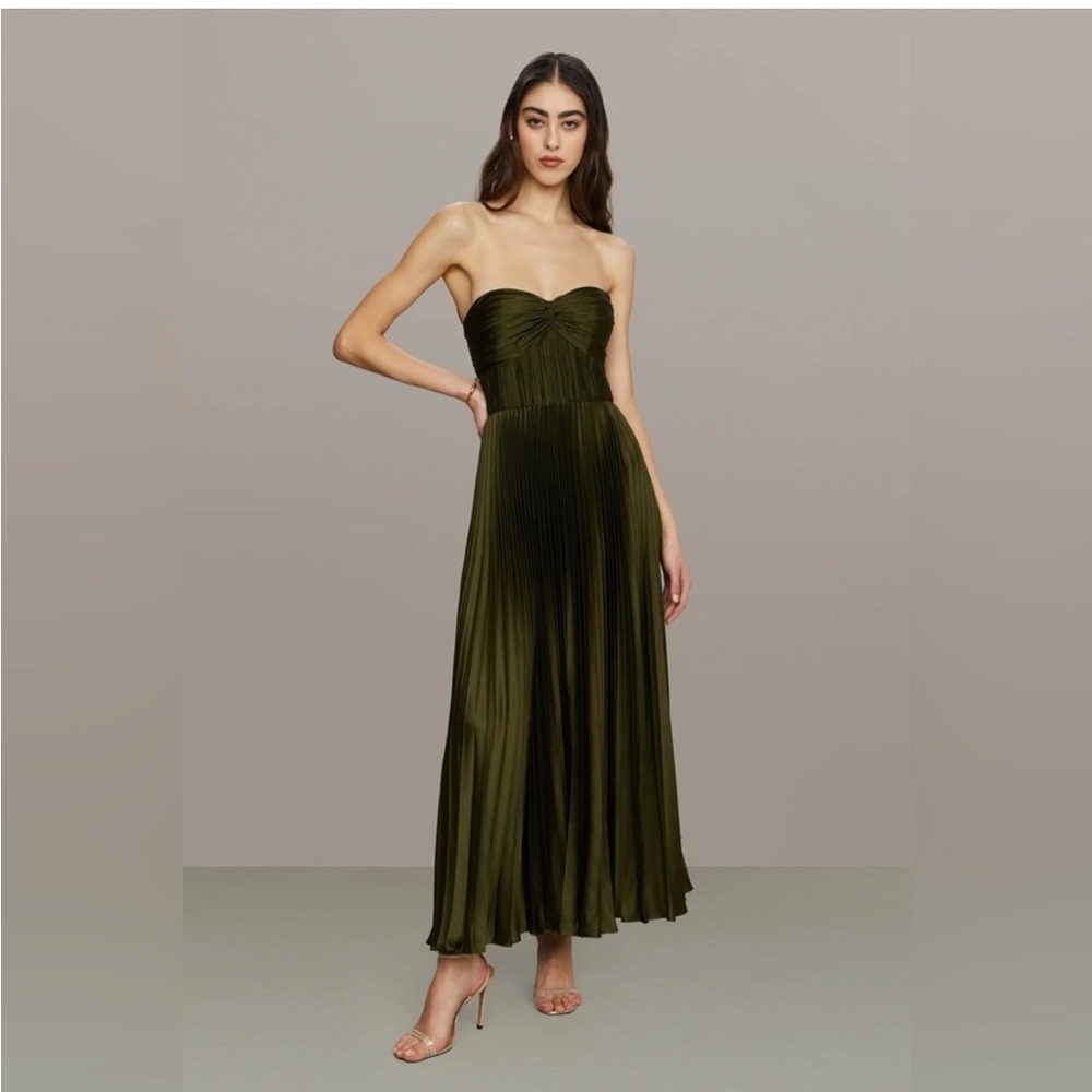 AMUR Belle Strapless Pleated Maxi Dress Formal Gown Olive Green Size 2